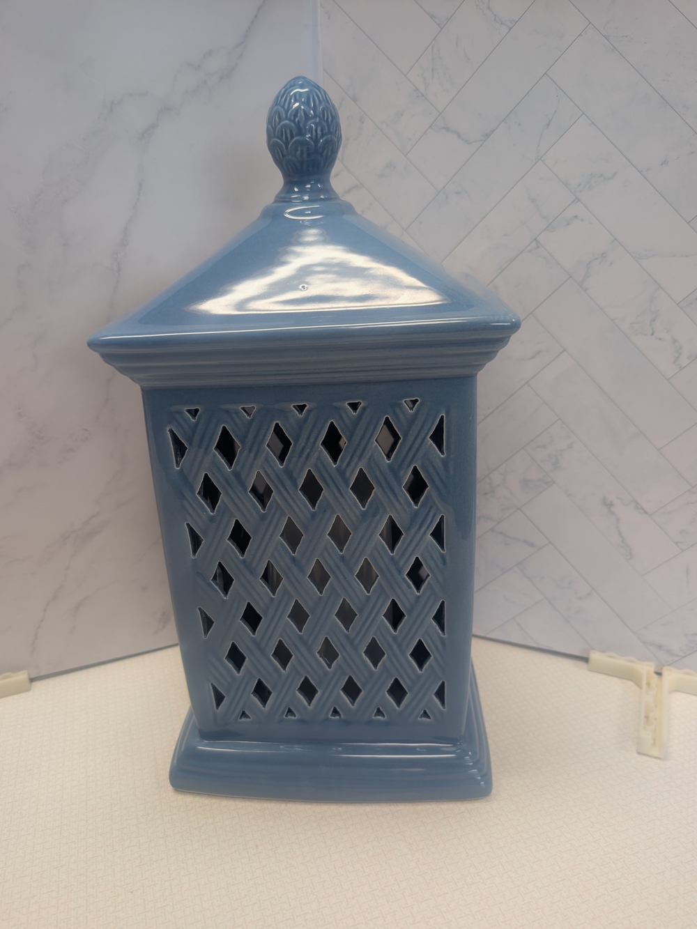 Valerie Parr Hill Glazed Blue Ceramic Lattice Lantern